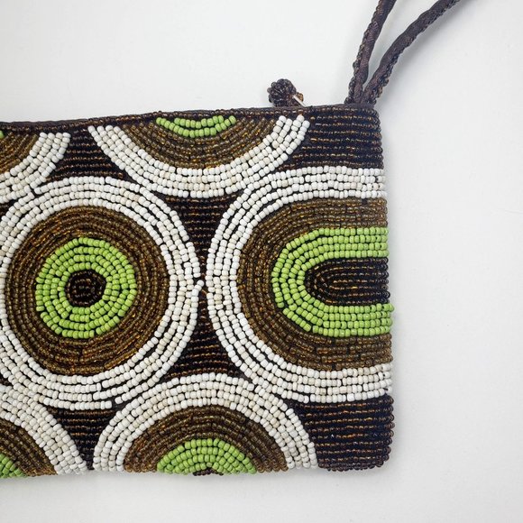 Vintage beaded zip clutch Retro brown, green, white circle motif handbag wallet - Picture 12 of 14